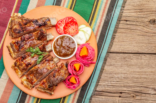 Preview: Bbq Pork Ribs With Fermented, Baked And Fresh Vegetables. Teriyaki Sauce, Spices, Plum Chutney. Old