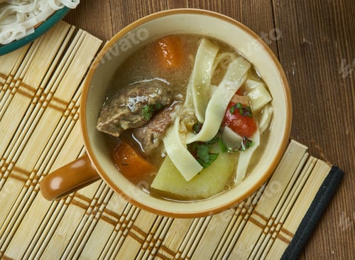 Preview: Kesme, Egg Noodle , Kyrgyz Cuisine, Traditional Assorted Dishes, Top View.