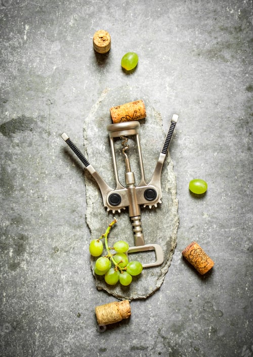 Preview: Wine Corkscrew With Grapes And Corks. On The Stone Table.