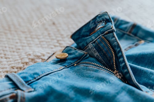 Preview: Close Up Of Classic Blue Denim Jeans With Undone Zipper And Button. Jeans Trousers Fashion Design