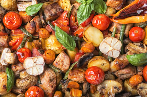 Preview: Background With Baked Pork Meat, Potatoes And Mushrooms