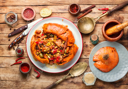 Preview: Pumpkin Stuffed With Meat, Olives, Corn And Pepper. Mexican Chicken.