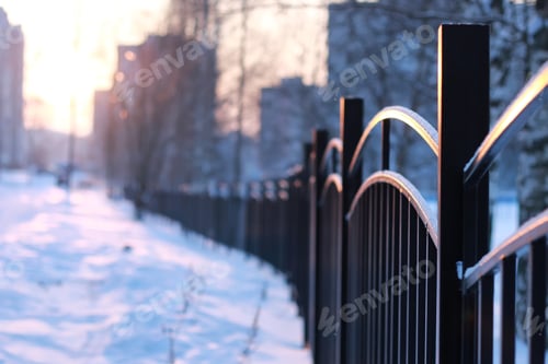 Preview: Winter Landscape Iron Fence At Sunset