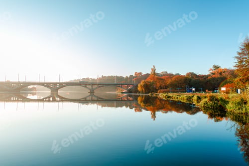 Preview: Bridge Crosses River. Autumn Morning.