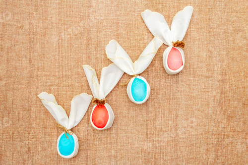 Preview: Easter Bunny (Rabbit) Egg Concept, Table Arrangement Decoration. Pink (Rosy) And Blue Eggs With