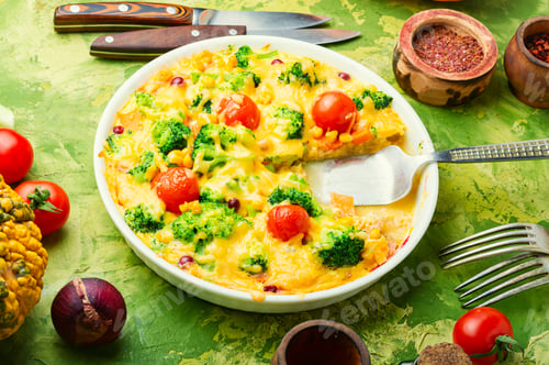 Preview: Tasty Broccoli Casserole In Baking Dish On Table.Vegetable Casserole