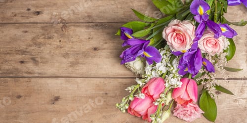 Preview: A Beautiful Bouquet Of Wedding Flowers On Old Wooden Boards. The Concept For A Holiday Gift For
