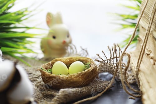 Preview: Bird'S Nest With Eggs. Willow Branches First Greens. Easter Background. Palm Sunday. Christian