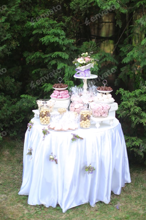 Preview: White Table With Sweets And Tasty Food In Park. Concept Of Wedding Cakes.