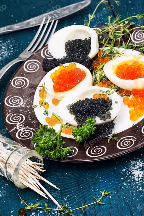 Preview: Chicken Egg With Red And Black Caviar