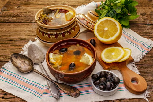 Preview: Hodgepodge, Hot Soup Served In Traditional Ceramic Bowl And Pot. Classical Eastern Europe Dish, Old