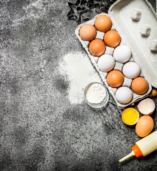 Preview: Baking Background.Fresh Eggs From The Scattered Flour. On Rustic Background