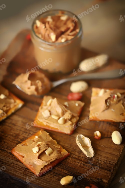 Preview: Selective Focus. Peanut Paste. Peanut Butter Crackers. Vegan Breakfast. Healthy Snack