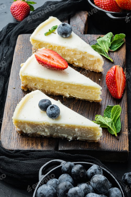 Preview: Classic New York Cheesecake, Sliced, On Black Background