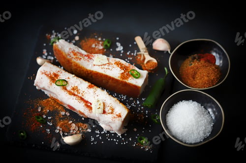 Preview: Selective Focus. Fresh Lard With Spices. Salting Lard. Gammoning.