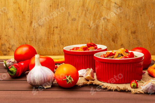 Preview: Marinated Salad With Pickled Vegetables: Eggplant, Carrot, Pepper, Tomato, Garlic. Healthy Food