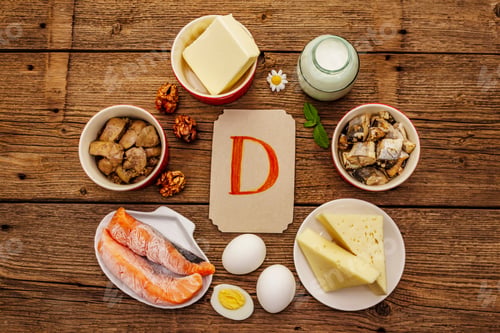 Preview: Foods Containing Vitamin D. Cheese, Eggs, Butter, Nuts, Milk, Sardine, Salmon, Liver. Old Wooden