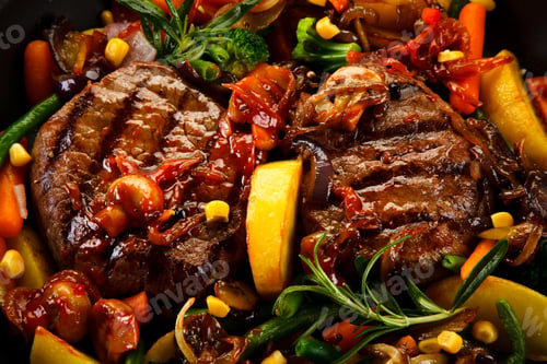 Preview: Roast Steak With Vegetables Served On Frying Pan