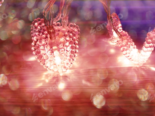 Preview: Love Valentine'S Day With Hearts Garland Lights On Old Wooden Background