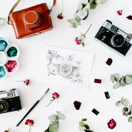 Preview: Flat Lay. Artist Workspace With Vintage Retro Photo Camera, And Watercolor Painted Camera, Red
