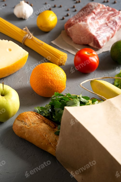 Preview: Paper Bag Of Raw Food On A Gray Background, Side View.