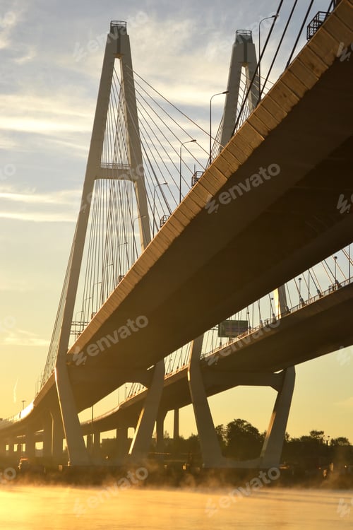 Preview: Cable-Braced Bridge Across The River Neva At Dawn, Russia, St. Petersburg.