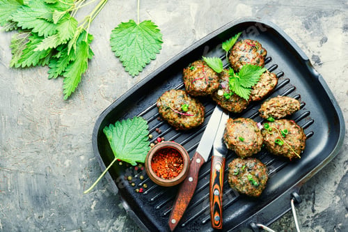 Preview: Appetizing Homemade Nettle Meatballs Cooked In Grill Pan