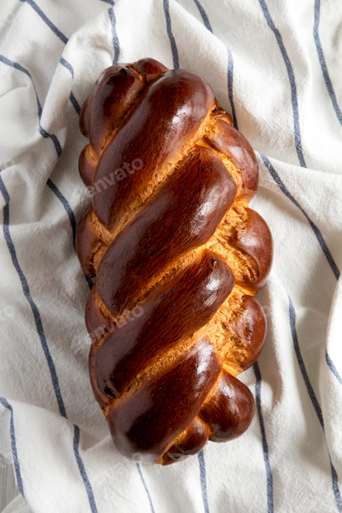 Preview: Homemade Jewish Challah Bread On Cloth, View From Above. Overhead, Top View.