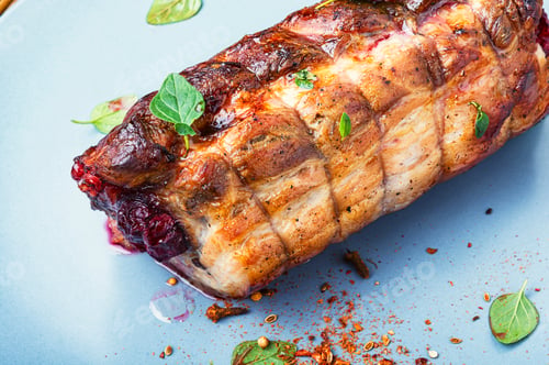 Preview: Baked Pork Meat Stuffed With Cherries.Baked Pork.