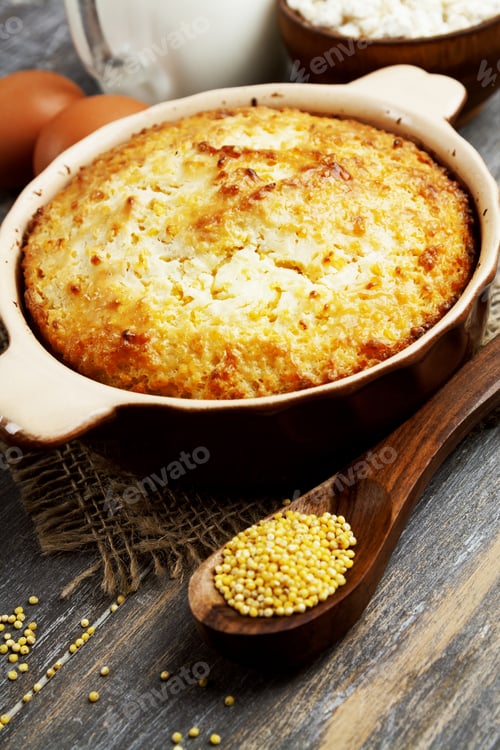 Preview: Casserole With Millet And Curd On The Wooden Table