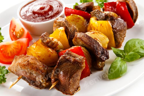 Preview: Shashlik - Grilled Meat And Vegetables On White Background