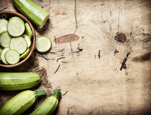 Preview: Zucchini Sliced And Whole Of The Old Fabric. On Wooden Background.