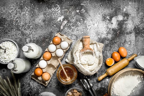 Preview: Baking Background. Ingredients And Tools For Dough Preparation. On A Rustic Background.