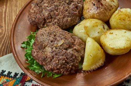 Preview: Sichenyky, Ukrainian Meat Patties , Ukrainian Cuisine, Traditional Assorted Dishes, Top View.