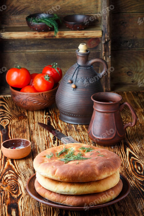 Preview: Pies With Cheese And Greens. Dinner In A Rustic Style. Selective Focus