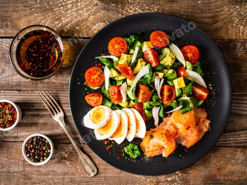 Preview: Salmon Salad - Smoked Salmon, Boiled Eggs And Vegetables On Wooden Background