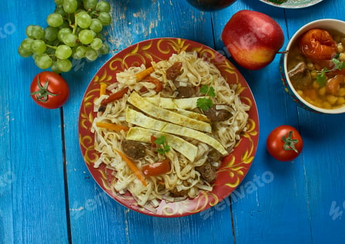 Preview: Uzbek Qovurma Lagmon , Traditional Assorted Dishes, Top View. Central Asian Cuisine