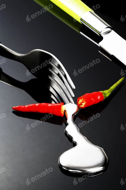 Preview: Red Chili Pepper Melting A Fork While Be Cutted On A Black Stone
