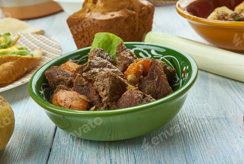 Preview: Scouse, Lamb Or Beef Stew, Welsh, Cuisine, British Traditional Assorted Dishes, Top View.