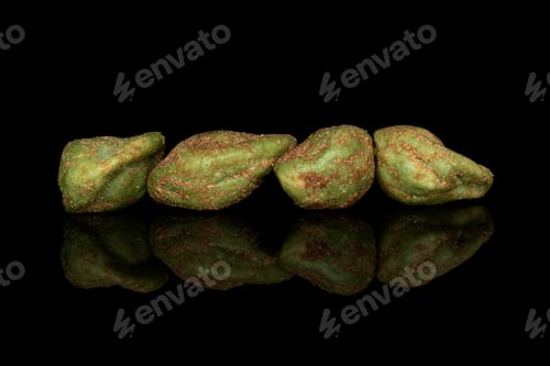 Preview: Group Of Four Whole Wasabi Green Peanut Isolated On Black Glass