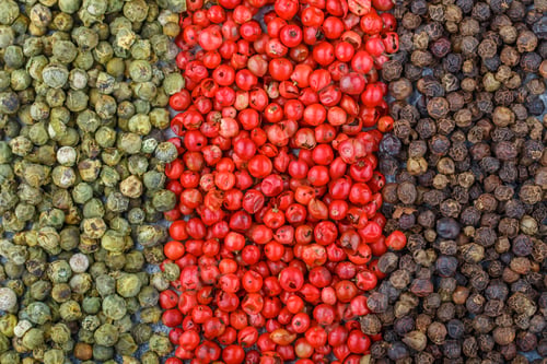 Preview: Pink, Green And Black Pepper. Organic Dried Peppercorns Close-Up. Spices And Seasonings. Culinary