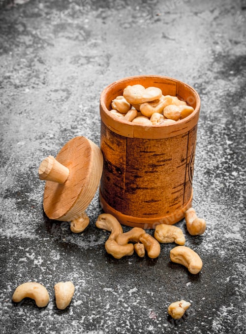 Preview: Cashew In Wooden Container. On Rustic Background.