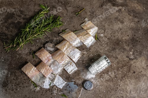 Preview: Raw Frozen Hake Pieces With Ice, Sea Salt, Vintage Knife And Fresh Rosemary. Healthy Food Concept