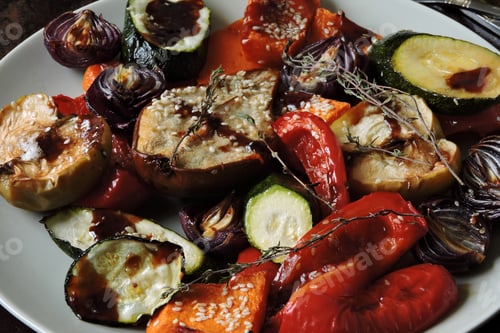 Preview: Plate With Baked Vegetables. Vegan Lunch Healthy Food.