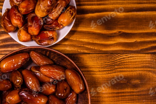 Preview: Date Fruits On Rustic Wooden Table. Top View