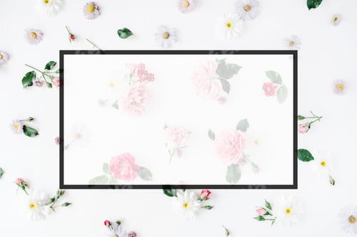 Preview: Floral Frame Pattern With Roses On White Background. Flat Lay, Top View