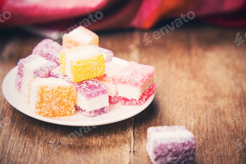 Preview: Many Marmalade Candies With Fresh Tea In Studio