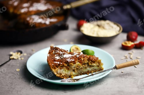 Preview: Fragrant Delicious Piece Of Oat Cake On A Plate. Oatmeal Cake With Seeds And Fruits.