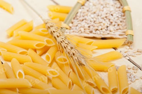 Preview: Fresh Pasta, Wheat and Seeds on Wooden Table