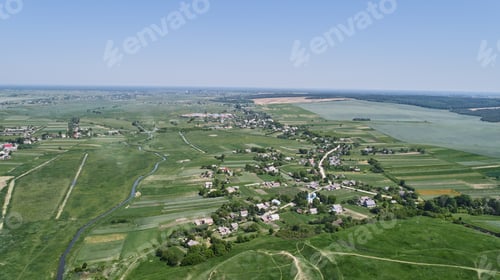 Preview: European Village, River, Forest. Aerial View.